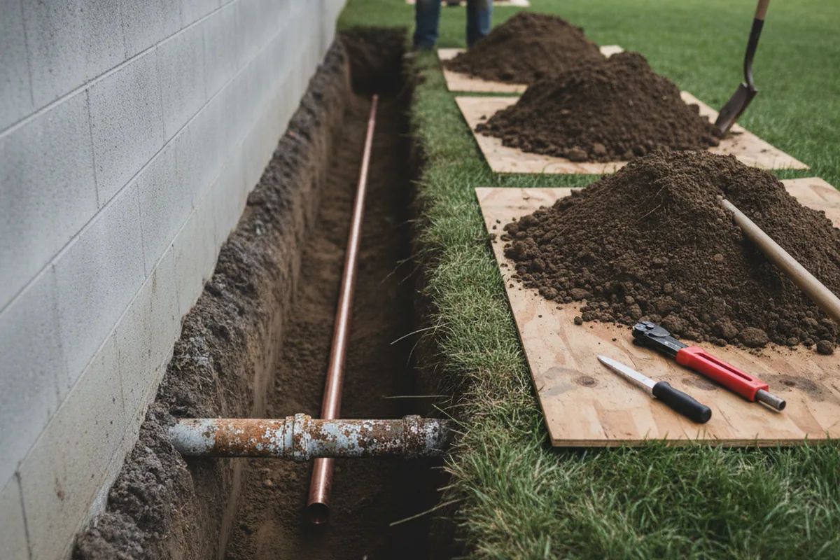 Excavated water line trench during Water Heater Repair in Bel Alton